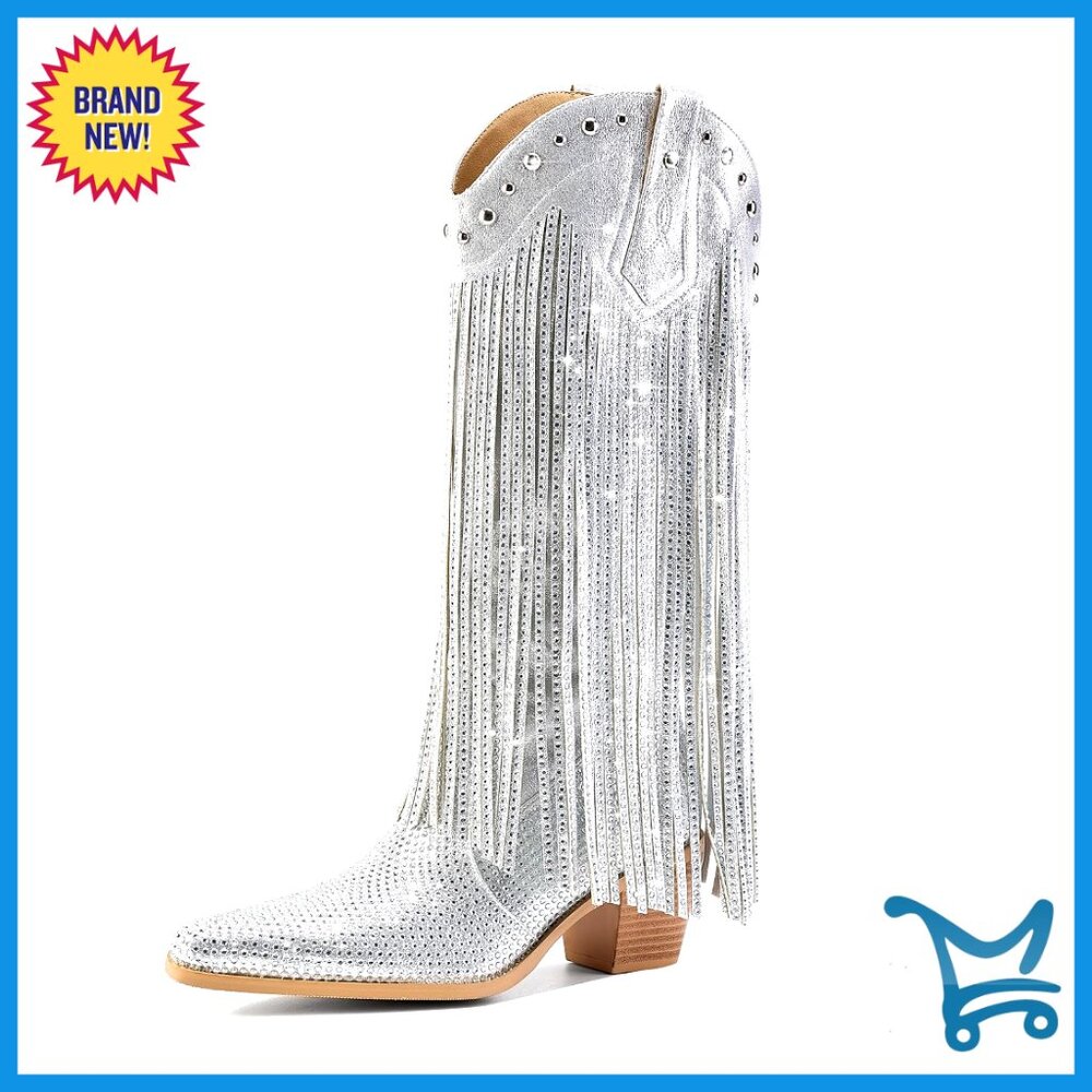 Rhinestone Fringe Cowgirl Boots, Chunky Heel Pointed Toe Mid Calf Western Boots